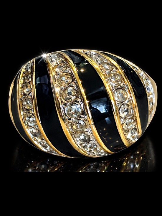 Fashion Jewelry Jewelry - Gold black enamel swirl crystal cz dome cocktail statement ladies, jewelry ring
